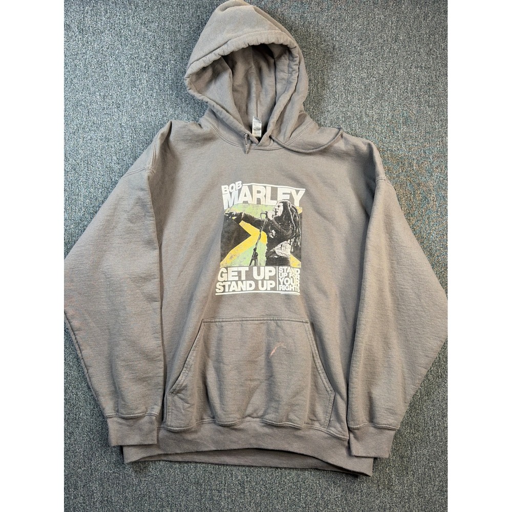 Bob Marley Get Up Stand Up Hoodie Mens XL Gray Gildan Heavy Graphic Sweatshirt